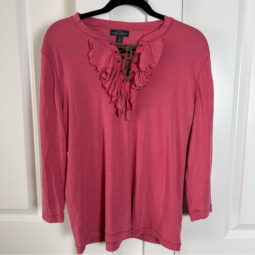 LRL Lauren Jean Co./ Ralph Lauren XL Pink Boho Western Ruffle Lace Up Suede Top